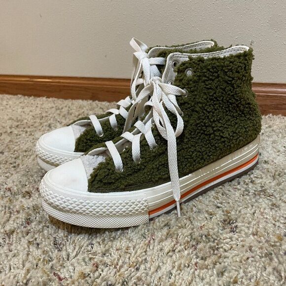 Converse Y4.5/W6.5 Sherpa EVA Platform High Top Sneakers Dark Moss Bold Mandarin - Picture 2 of 16